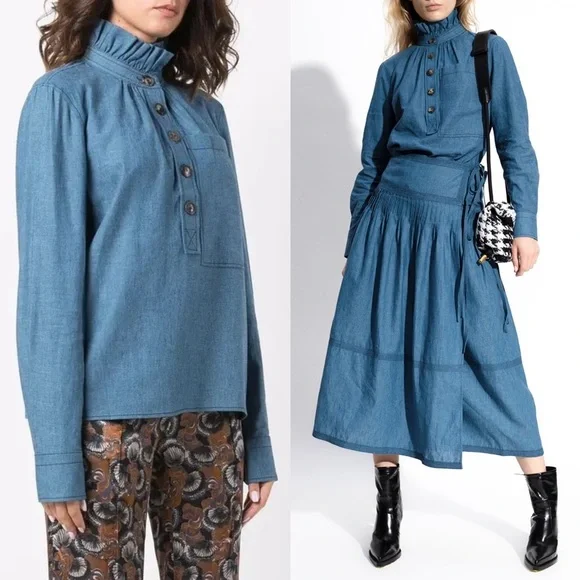 TORY BURCH Linen Cotton Chambray Ruffle High Neck Long Sleeve Pocket Blouse 10‎ - Picture 4 of 11